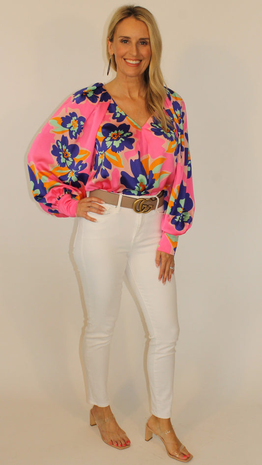 Satin Floral Long-Sleeve Top