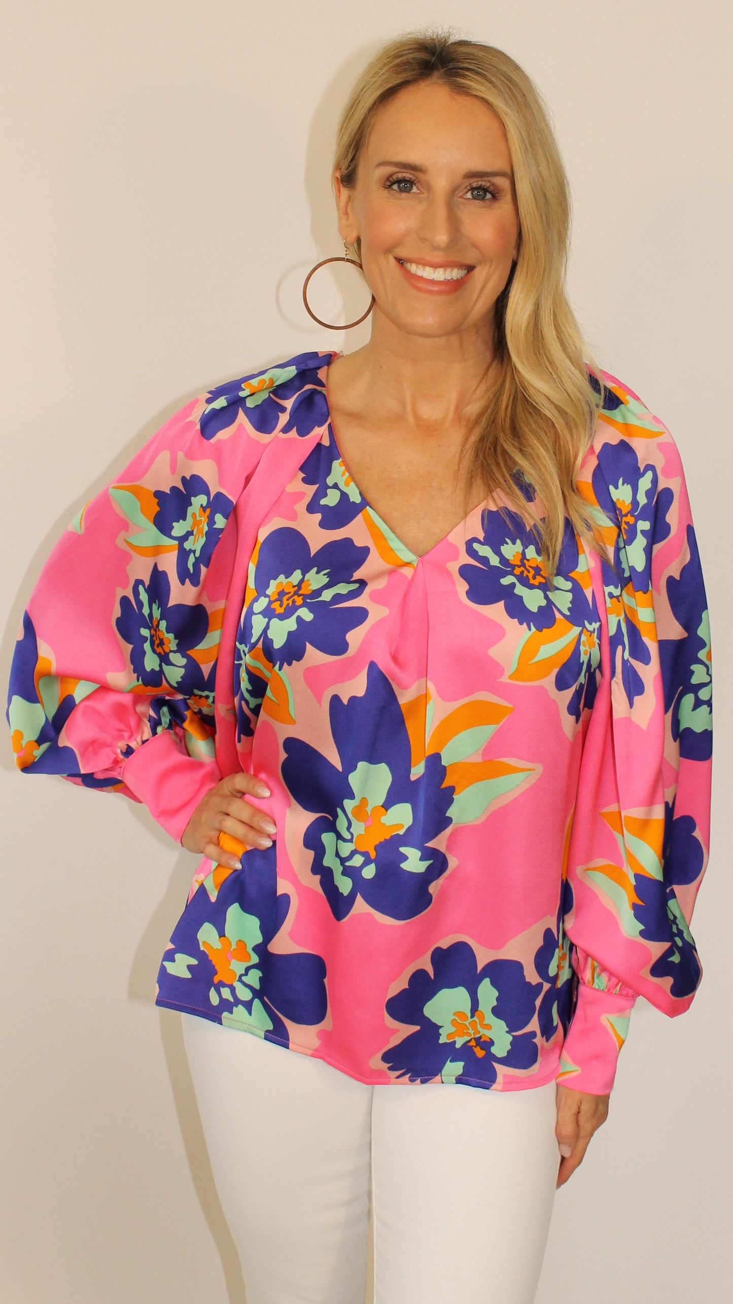 Satin Floral Long-Sleeve Top