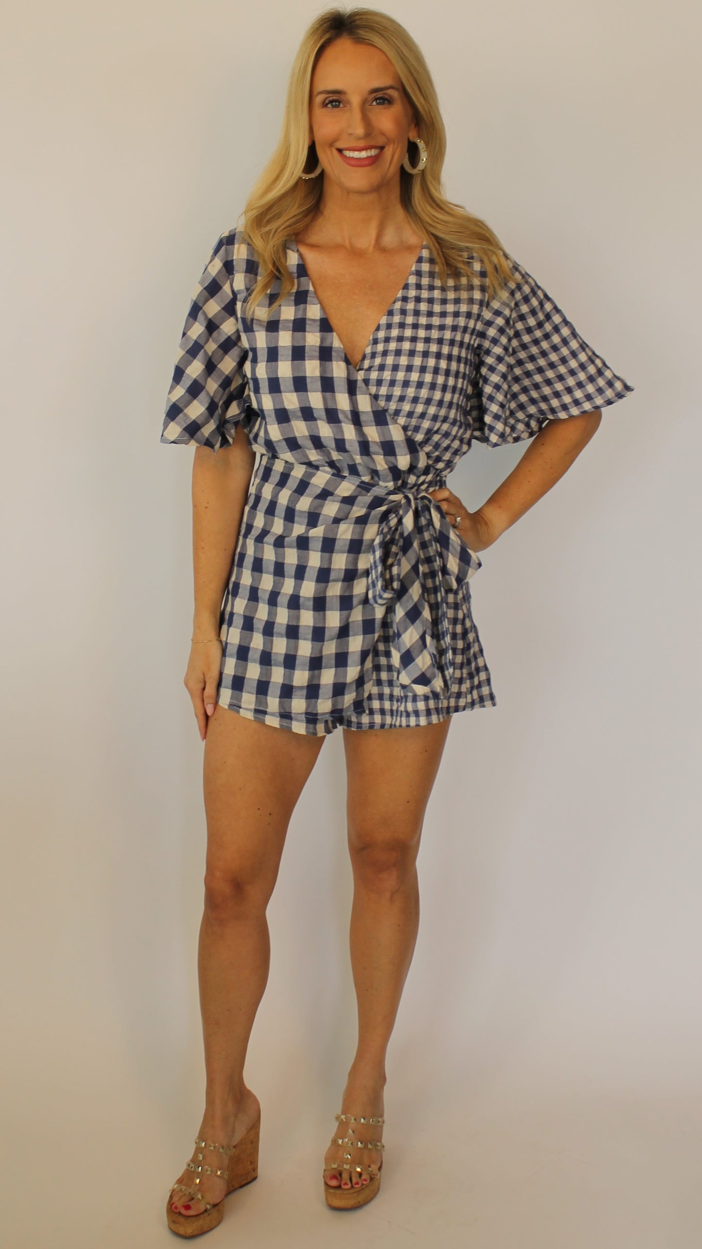 Blue Gingham Wrap Romper