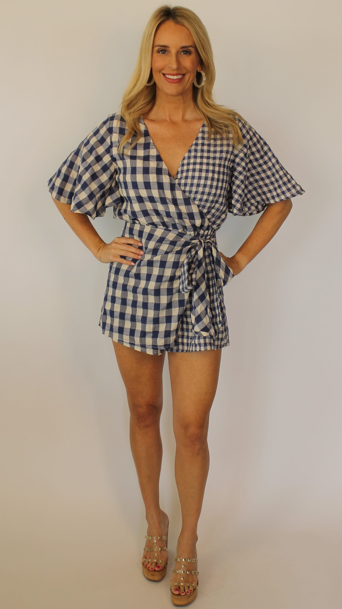 Blue Gingham Wrap Romper