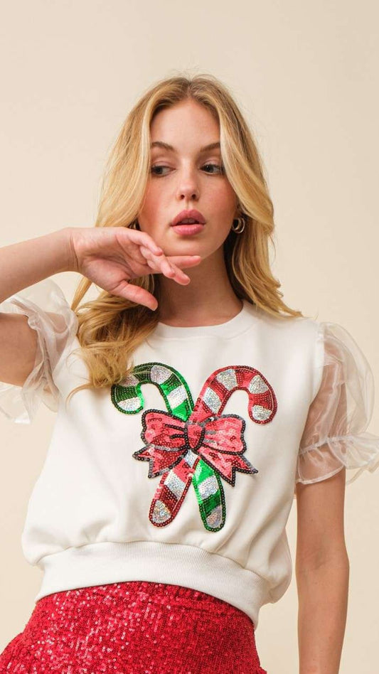 Candy Cane Sheer Sleeve Top