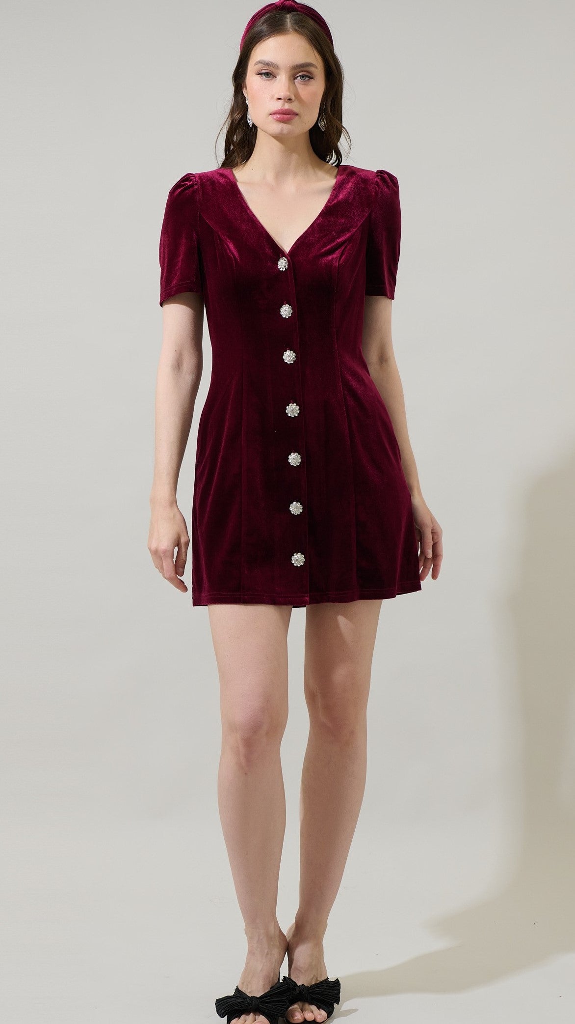 Rhinestone Button Velvet Dress