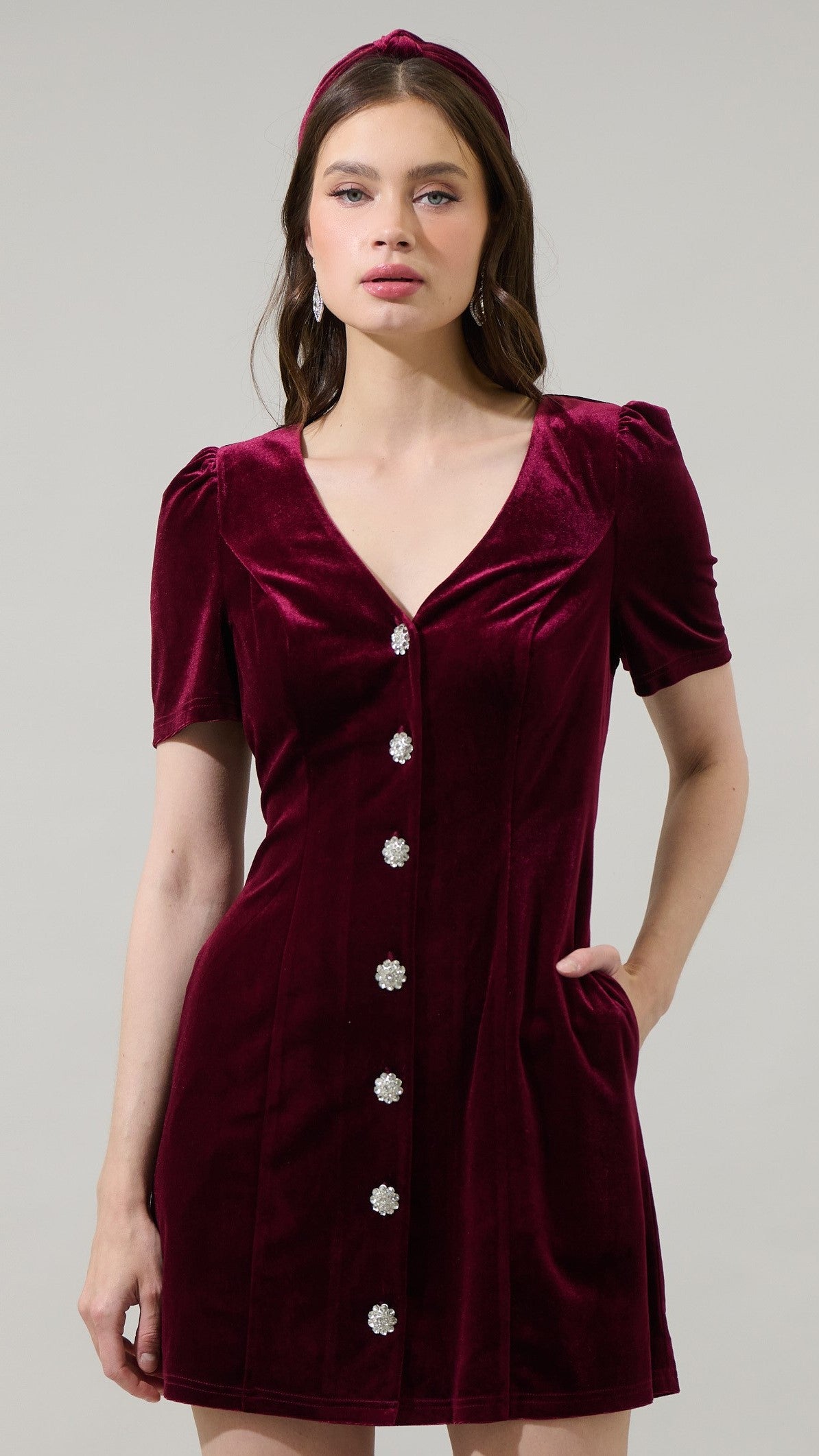 Rhinestone Button Velvet Dress