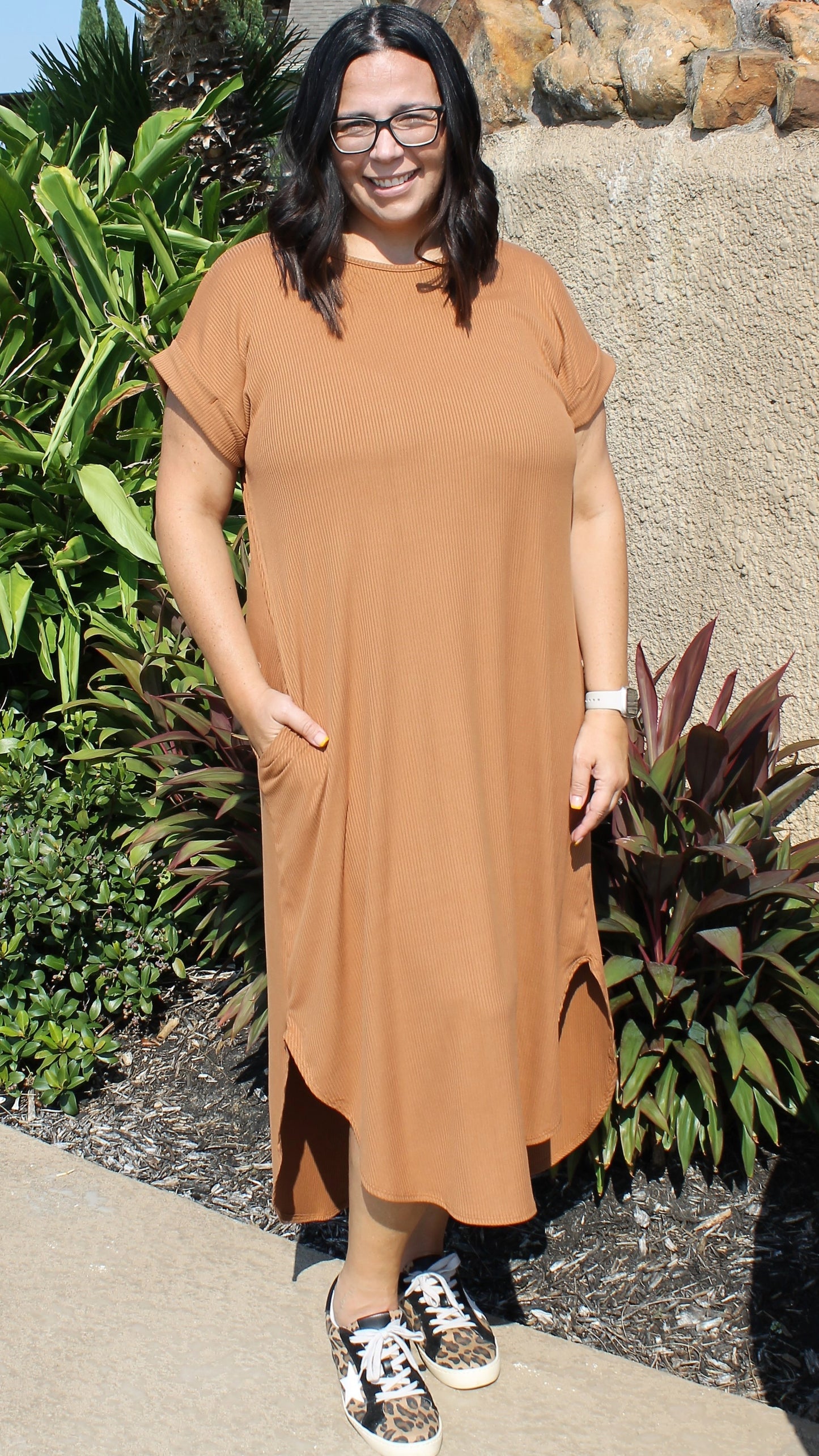 Caramel Ribbed Midi Dress