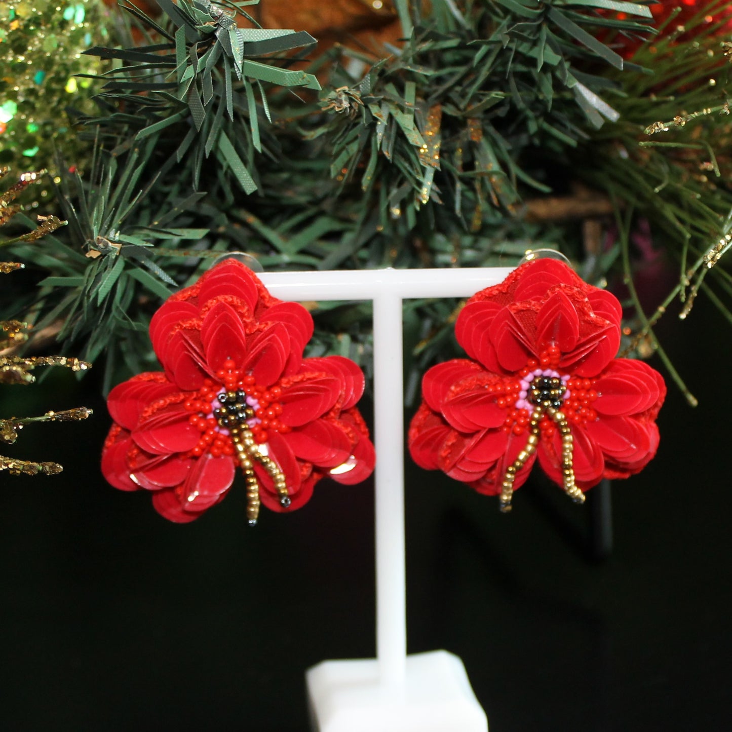 Poinsettia Beaded Earrings